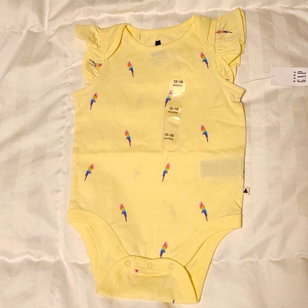Yellow Ruffle Sleeve Parrot Print Onesie